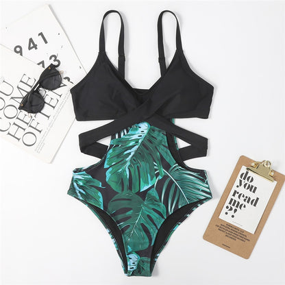 Leaf Print Swimwear Women Skinny One Piece Swimsuit