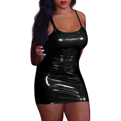 2022 Sexy Backless Club Party Dress Women Solid Black Wet Look Latex Bodycon Faux Leather Push Up Bra Mini Micro Summer Dress