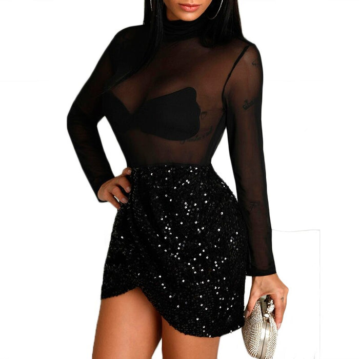 Fashion Women Mesh Sheer Bodycon Party Clubwear Sequined Short Mini Dress Transparent Sexy High Neck Dresses Clothes Hot sale