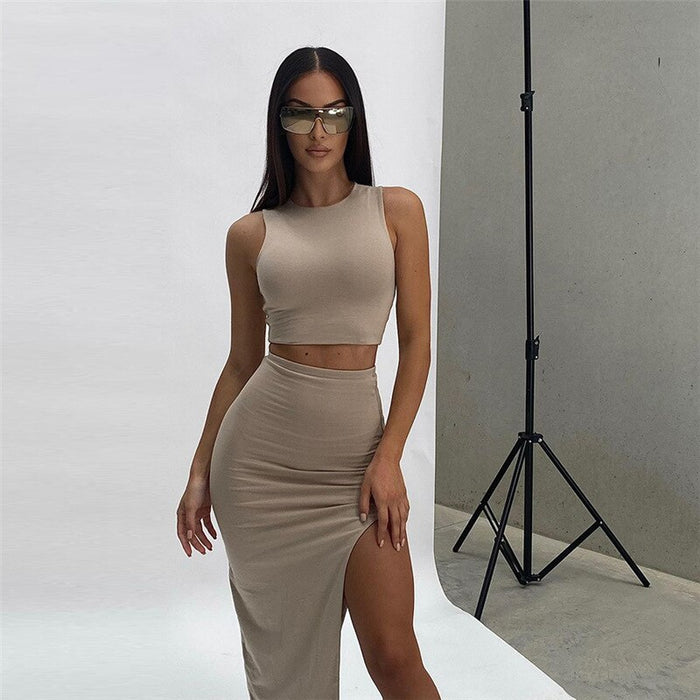 Summer Solid Slim Two Pieces Set Women Casual Knitting Sleeveless O Neck Tank Top And High Waist Split Long Skirt Sets