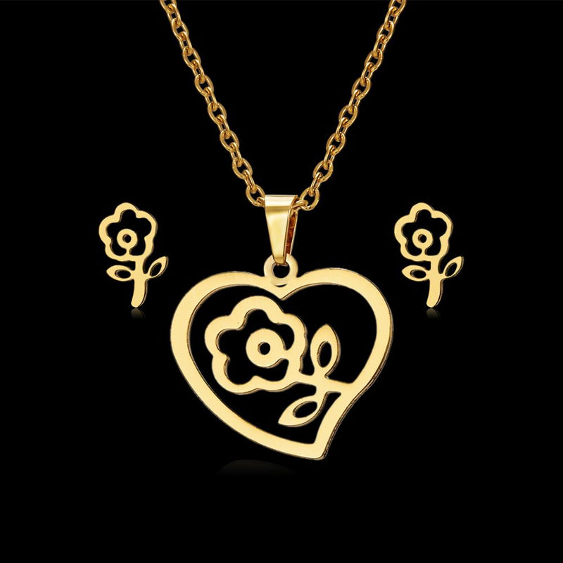 Stainless Steel Mama Love Heart Rose Flower Pendant Necklace Earrings Mom Thanksgiving Gift