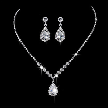 Water Drop Rhinestone Long Pendant Full Crystal Silver Plated Necklace &amp; Earrings Elegant Bridal Wedding Jewelry Set