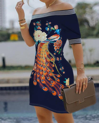 Elegant Slim Fit Print Bodycon Dress Off Shoulder Bird Pattern Striped Tape Splicing MiniDress