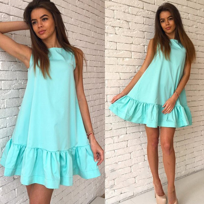 Summer Women O-Neck Sleeveless Solid Ruffle Mini Dress Sexy Lady Streetwear Loose Party Vestidos WDC7129