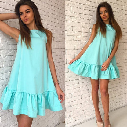 Summer Women O-Neck Sleeveless Solid Ruffle Mini Dress Sexy Lady Streetwear Loose Party Vestidos WDC7129