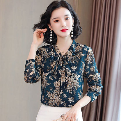 Chiffon Blouses Shirts Lady Casual Long Sleeve Bow Tie Collar Printed Blouse