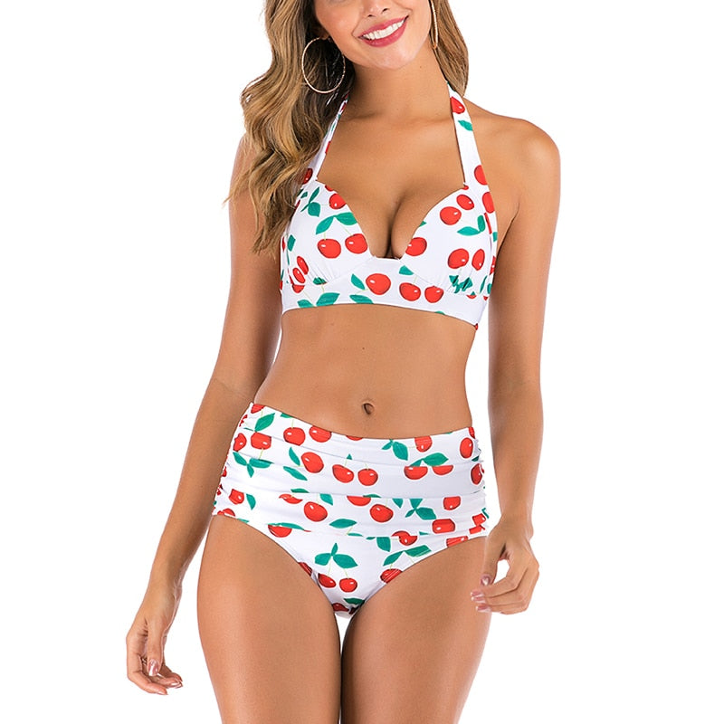 High waist bikini set Halter bathing suit woman swimsuit female Plus size bikini  3XL Floral print swimwear women