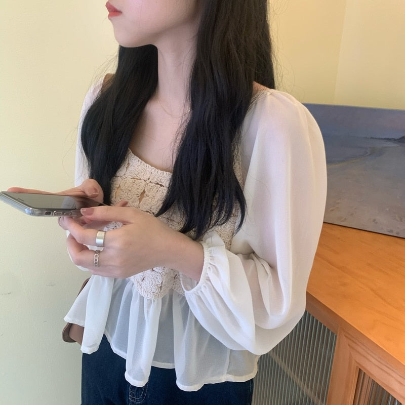 Women Blouses Shirts Patchwork Hollow Out Long Sleeve Female Spring Autumn Tops Elegant Korean Short Style Fashion Ulzzang Retro