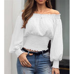 2019 Women Puff Sleeve Off Shoulder Blouses Polka Dots Chiffon Shirts Eleghant Lady Slash Neck Slim Lace Crop Tops Shirts