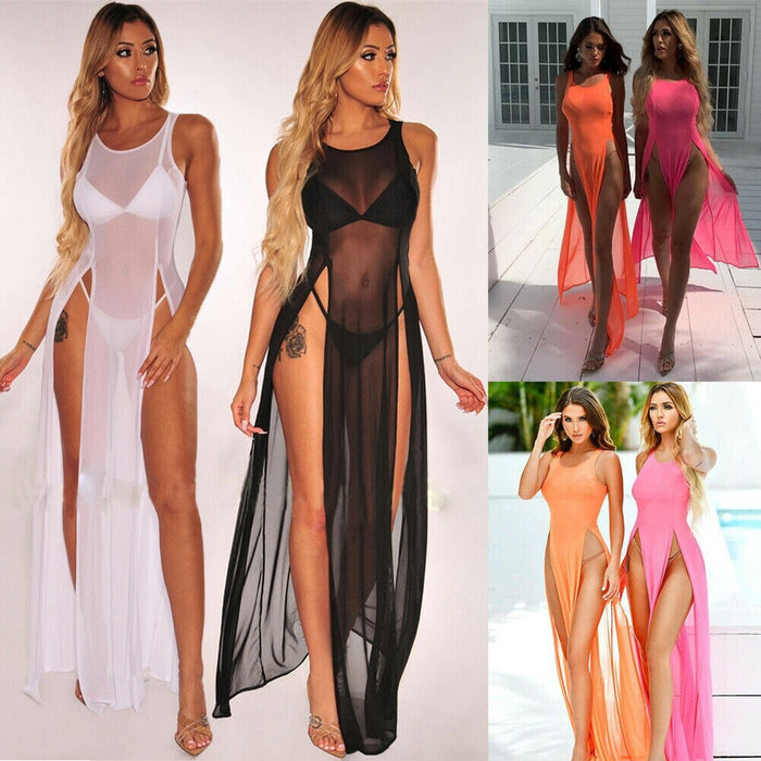 Hot Sale Sexy Women Mesh Sheer Long Maxi Dress Evening Party Beach Dresses Sundress Bikini Cover Up See-through Tulle Cover-Ups