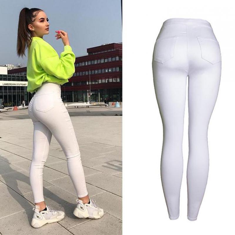 High Waist Skinny Push Up Jeans White Stretch Slim Pencil Denim Pants