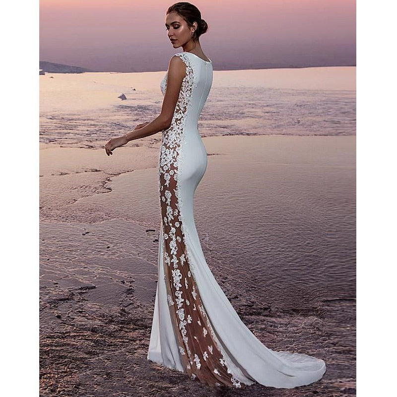 Lace Formal Sleeveless Long Evening Party Bodycon Prom Gown Elegant Formal Dress White