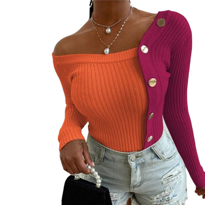 Fashion Button Off Shoulder Knitted Sweater Women