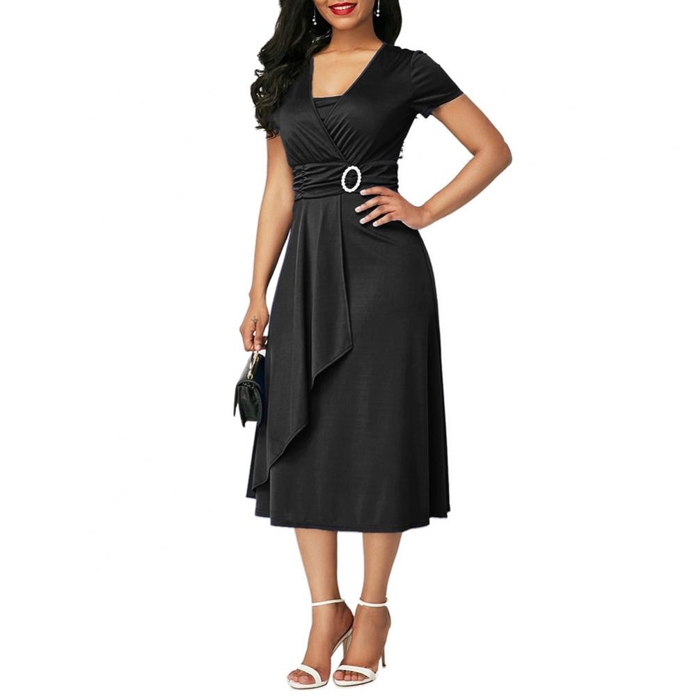 Plus Size Women Short Sleeve V Neck Asymmetric Hem Waist Tight Midi Party Dress