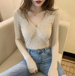 V Neck Long Sleeve Pullover Slim Stretch Knitted Sweater