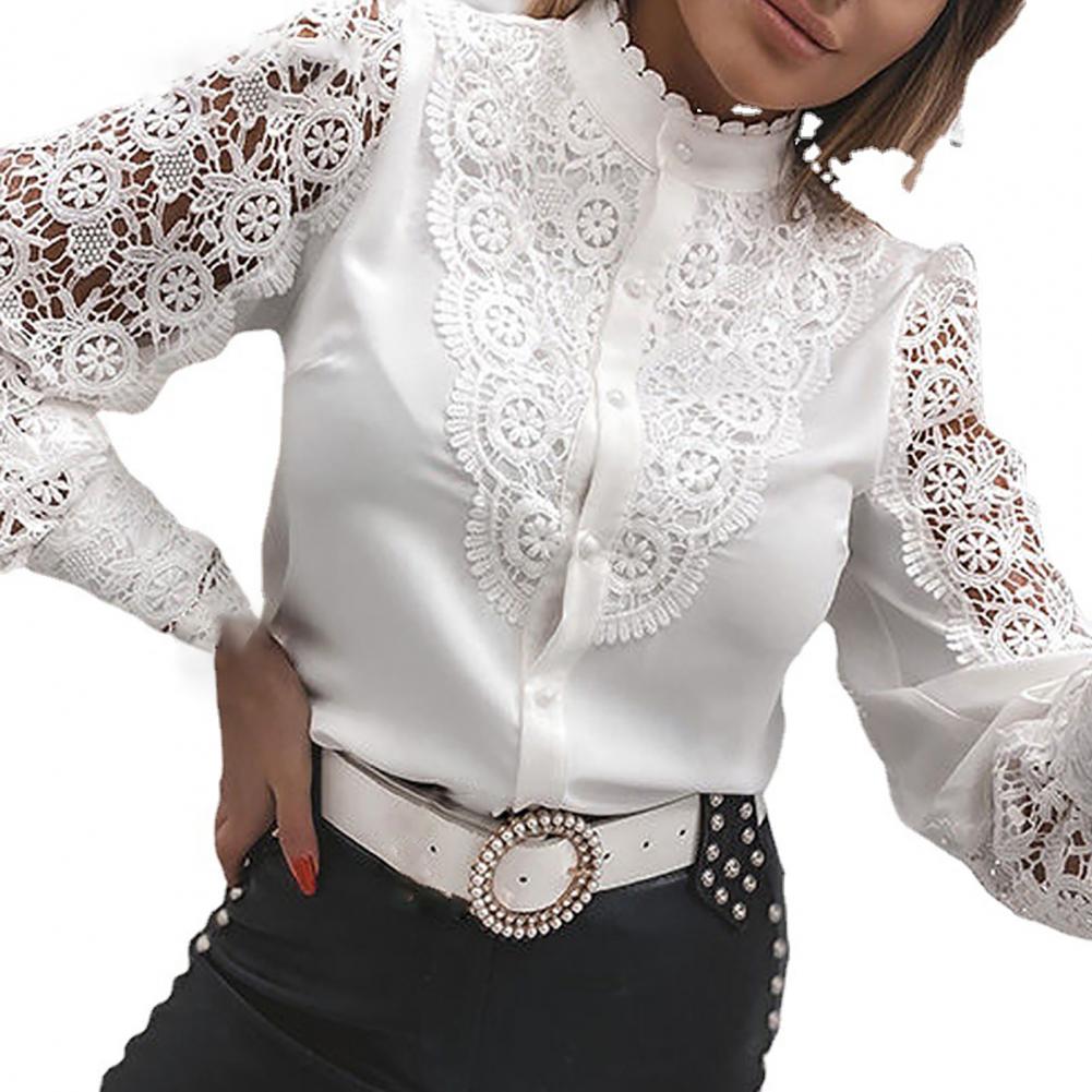 Office Women Dress Shirt 2021 Summer Long Sleeve Hollow Out Top Women Single-breasted Lace Patchwork Blouse Women Suit Shirt