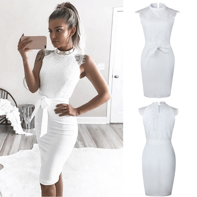 Women's Lace Floral Cocktail Elegant Dress Night Party Dresses White Slim Bodycon Dress