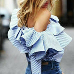 2020 Fashion Women Ladies Blue Striped Blouse Holiday Ruffles Frill One Shoulder Shirts Ladies Streetwear Casual Tops