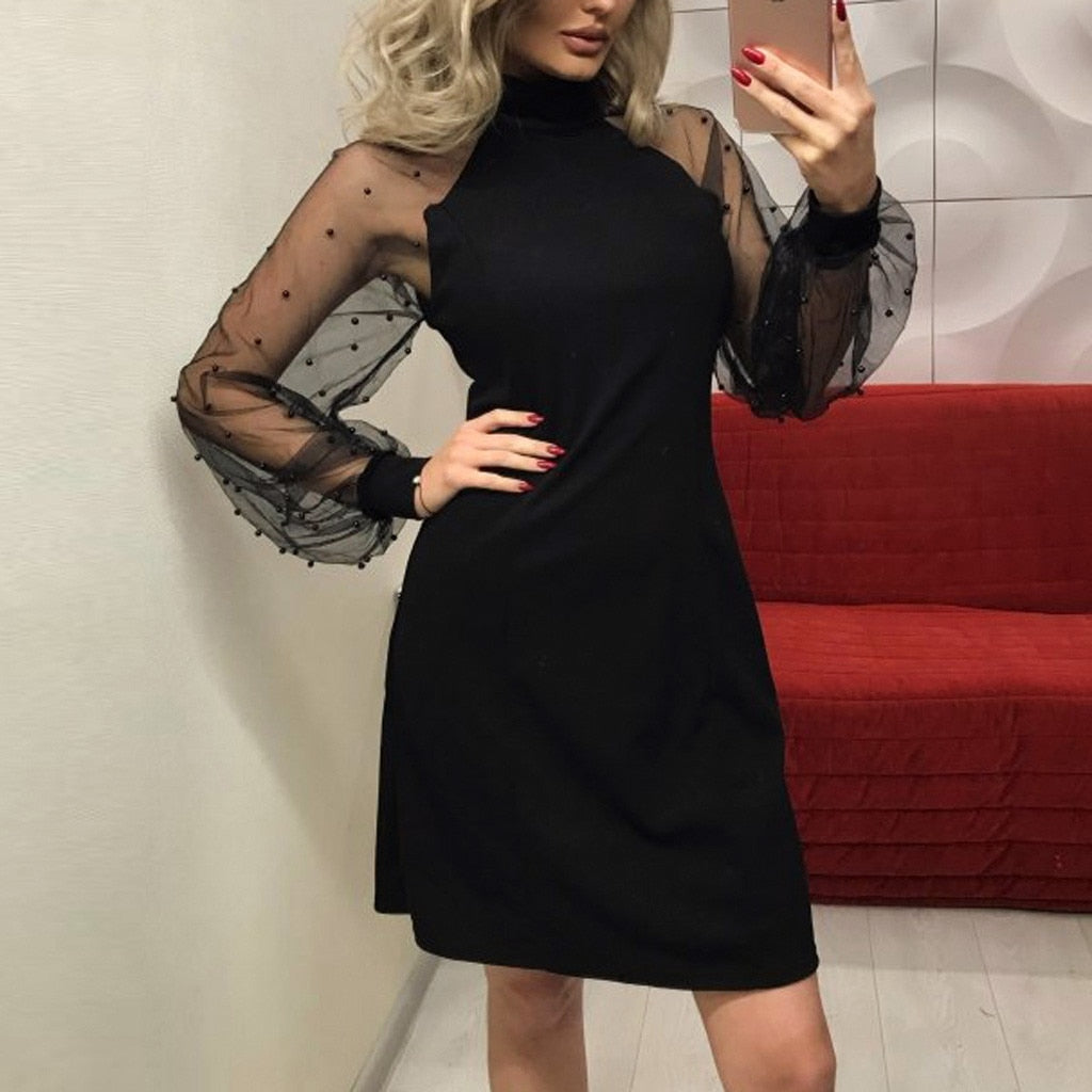 Women Elegant Dress Turtleneck Black Dress Pearl Beading Mesh Sleeve Long Sleeve Dress A-Line Mini Party Dresses vestidos