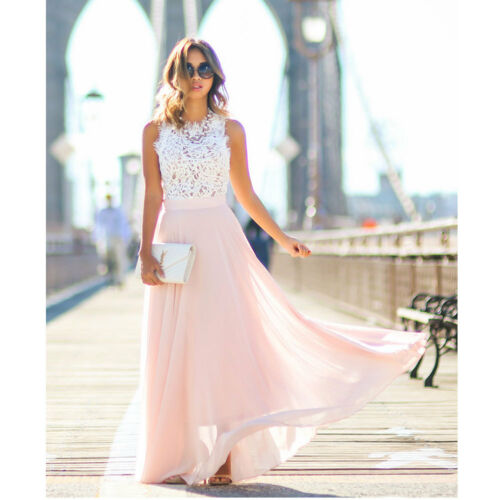 Women Dress Formal Party Cocktail Wedding  Bridesmaid Pink Sleeveless Dress Casual Lace Long Dress