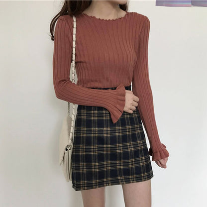 Ruffles Pullovers Solid Flare Sleeve Women Sweaters Slim