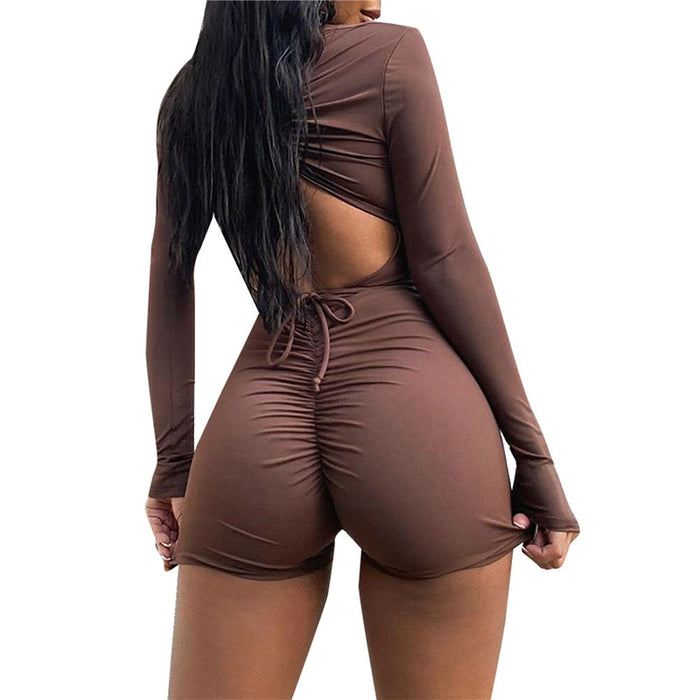 Brown Long Sleeve Deep V-neck Solid Color Tight One-piece Backless Playsuit Romper