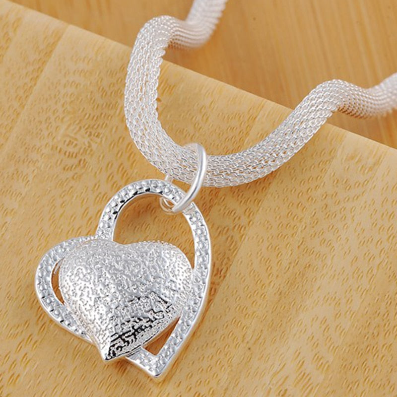 925 Sterling Silver 18 Inch Double Heart Pendant AAA Zircon Necklace For Women