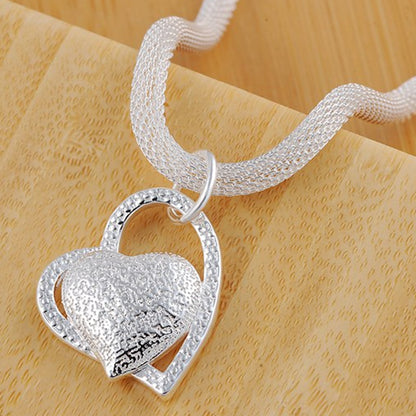 925 Sterling Silver 18 Inch Double Heart Pendant AAA Zircon Necklace For Women