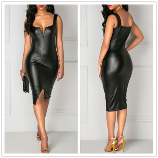 Sheath Holiday Leather Front Split Sleeveless Short Mini Dress