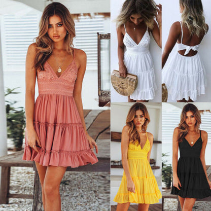 2021 New Women Summer Black Backless Layers Sweet Boho Short Mini Dress V Neck High Waist Evening  Party Beach Dresses Sundress