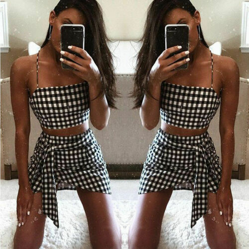 2019 Women Fashion Plaid Sleeveless Bandage Bodycon Short Crop Top+Skirt Outfit Set Cool Dress