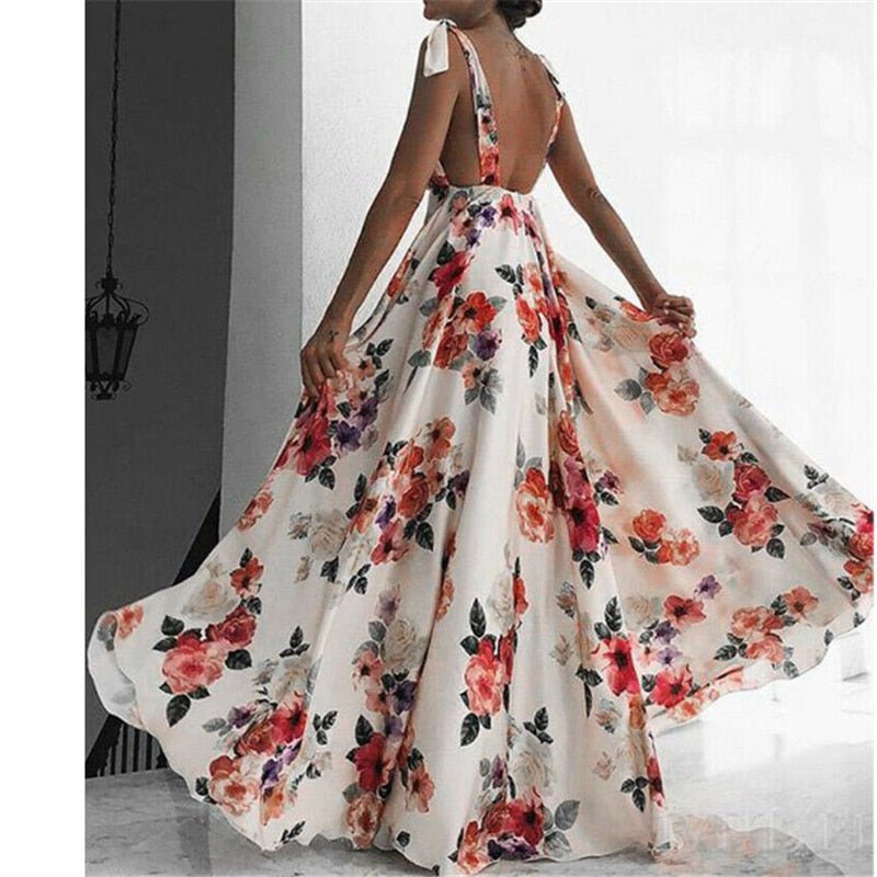 Floral Print Sleeveless V-Neck Backless Vintage Long Boho Party Cocktail Pink Dress