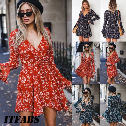 New Womens Long Sleeve  Party Summer Floral Pretty Blue Green Red Pretty Beach Long Dress