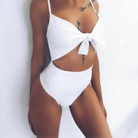 Solid high waist Women swimwear one piece bow v-neck  Bandage Bikini Push Up Bathing Suit Swimwear