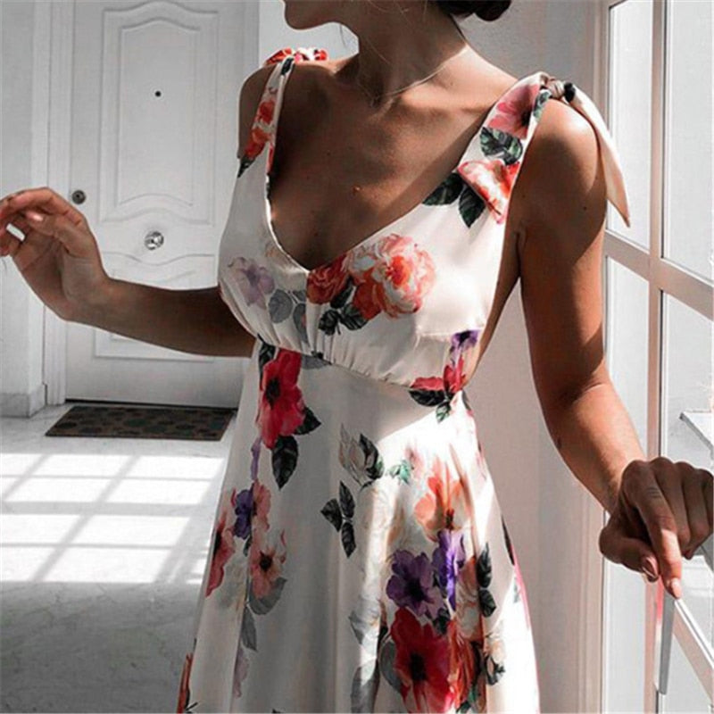 Floral Print Dresses Women Summer Sleeveless V-Neck Backless Vintage Long Boho Party Cocktail Casual Loose Beach Pink Dress 2019