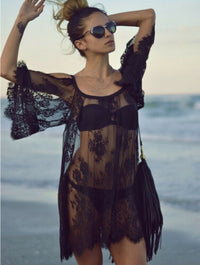 Women Saida De Praia Bathing Suit Lace Crochet Bikini Swimwear Cover Up Casual Beach Dress Vestido Loose Hollow Shoulder Dresses