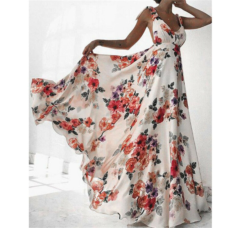 Floral Print Sleeveless V-Neck Backless Vintage Long Boho Party Cocktail Pink Dress