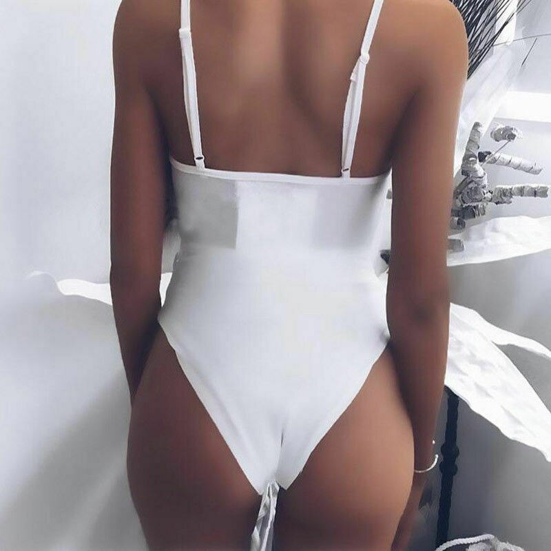 Solid high waist Women swimwear one piece bow v-neck  Bandage Bikini Push Up Bathing Suit Swimwear