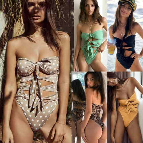 One Piece Women Bandage Bow Tie Push Up Bra Padded Strapless Swimsuit Bikini Bathing Suit