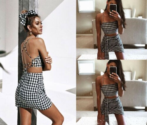 2019 Women Fashion Plaid Sleeveless Bandage Bodycon Short Crop Top+Skirt Outfit Set Cool Dress