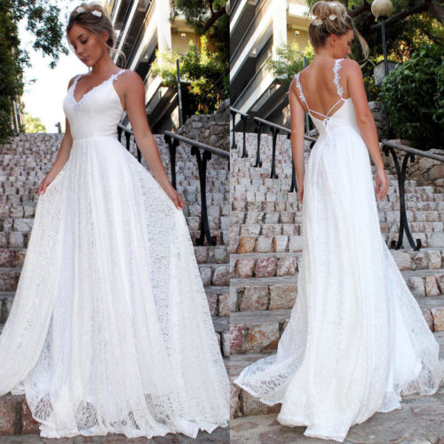 Backless Women Lace Formal Wedding Bridesmaid Long Party Ball Gown Dress