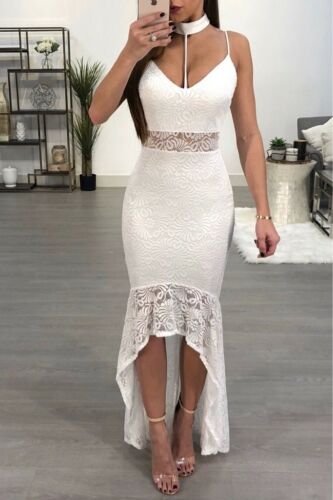 Formal Wedding Evening Party Ball Prom Gown Long Sleeveless White Solid Lace Dress