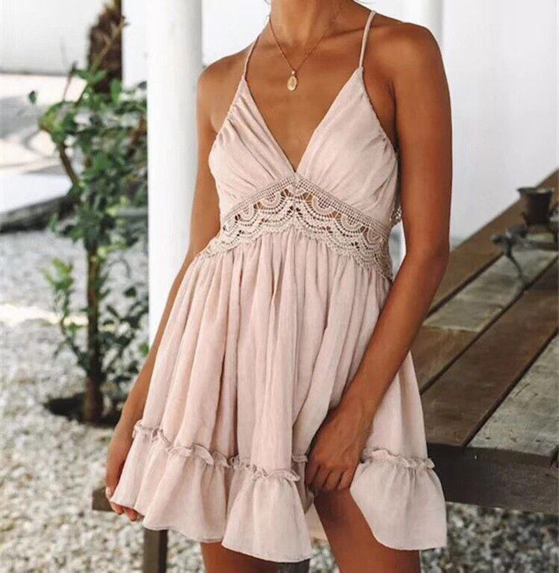 2019 Sexy Women Summer Lace Floral V-neck Mini Dress Evening Party Beach Dress Sundress Fashion Bandage Backless Bodycon Dresses