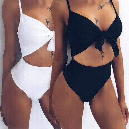 Solid high waist Women swimwear one piece bow v-neck  Bandage Bikini Push Up Bathing Suit Swimwear