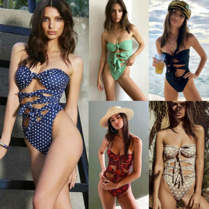 One Piece Women Bandage Bow Tie Push Up Bra Padded Strapless Swimsuit Bikini Bathing Suit