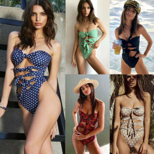 One Piece Women Bandage Bow Tie Push Up Bra Padded Strapless Swimsuit Bikini Bathing Suit