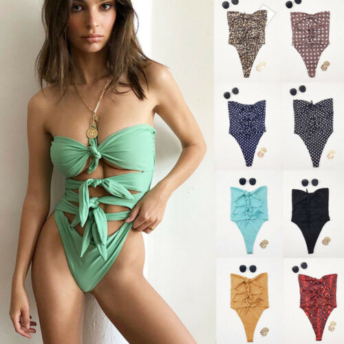 One Piece Women Bandage Bow Tie Push Up Bra Padded Strapless Swimsuit Bikini Bathing Suit