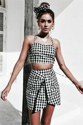 2019 Women Fashion Plaid Sleeveless Bandage Bodycon Short Crop Top+Skirt Outfit Set Cool Dress