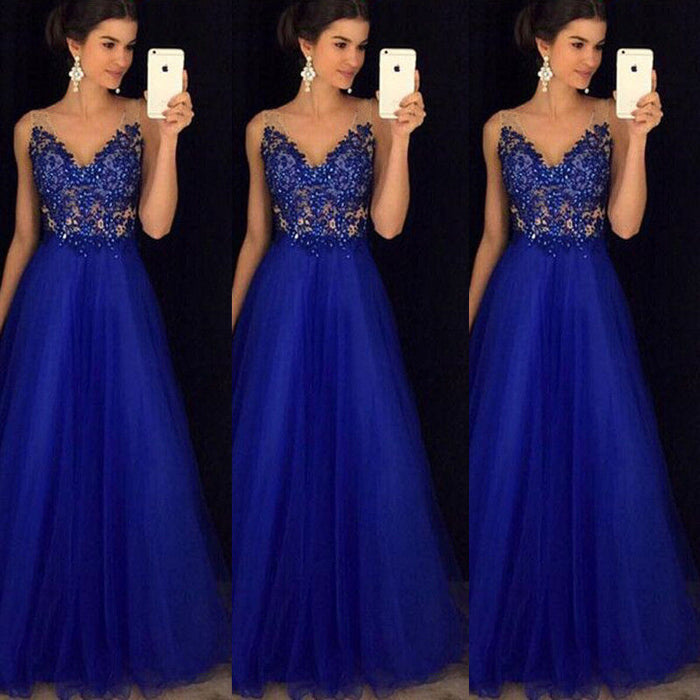 Lace Blue Dresses Ladies Sleeveless Bridesmaid Long Party Ball Prom Gown Mesh Dress