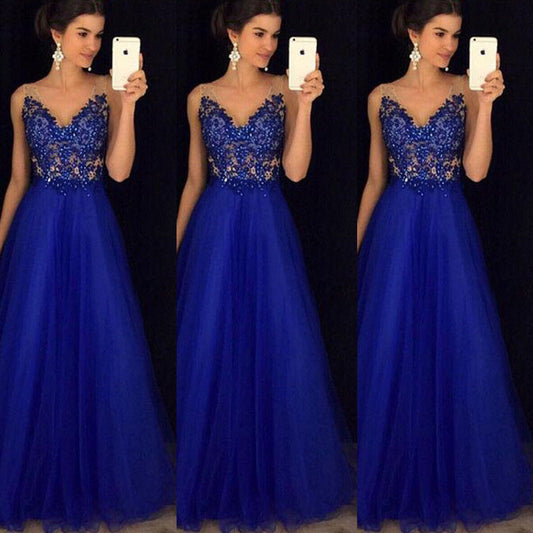 Lace Blue Dresses Ladies Sleeveless Bridesmaid Long Party Ball Prom Gown Mesh Dress